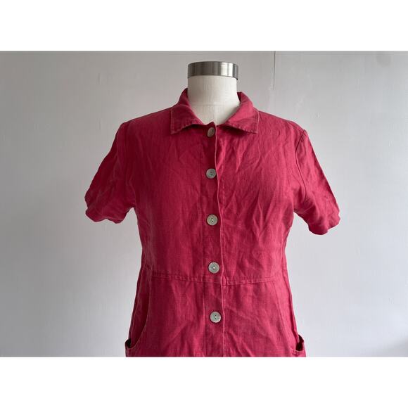 Vintage 90's Red Linen Dress / Sz 8 / Minimal Natural Button Up Collared - Picture 2 of 7